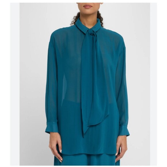 Eileen Fisher Tops - Eileen Fisher Tie Neck Tunic Shirt Womens XS Blue Sheer Button Blouse Top